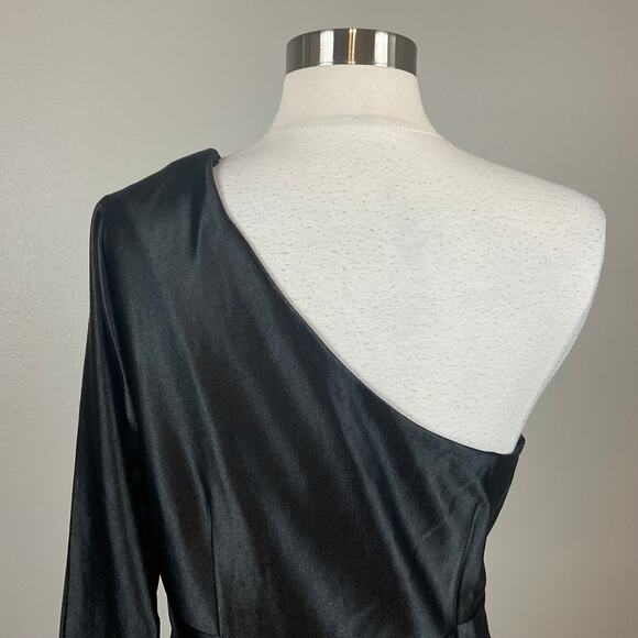 Adrianna Papell Satin One Shoulder Long Sleeve Midi Cocktail Dress Black Size 10 - Picture 9 of 14
